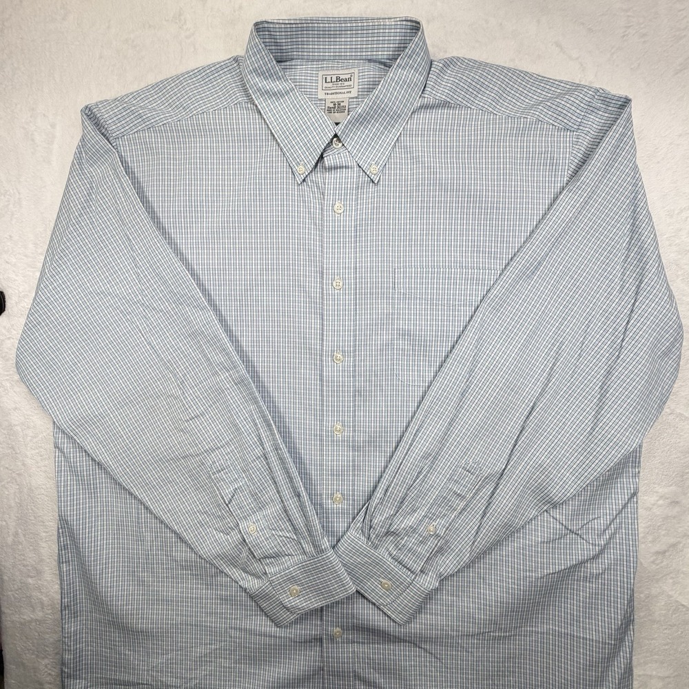LL Bean Oxford Dress Shirt Mens 18-36 Blue White Tattersail Check Wrinkle-Free